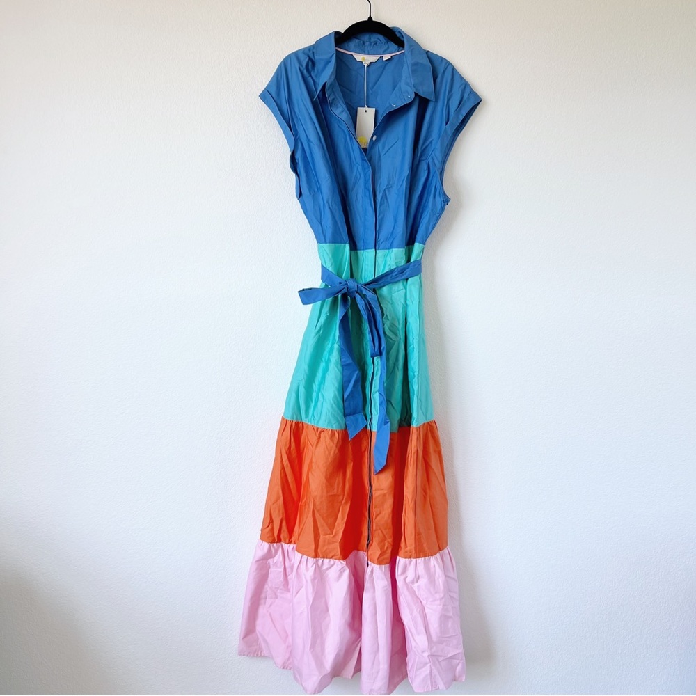 Boden Multicolor Tiered Maxi Dress in Blue, Teal, Orange & Pink